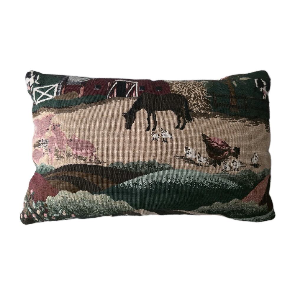 Tapestry Throw Pillow Farmhouse Cow Horse Chick Country Farm Folk Art Americana
